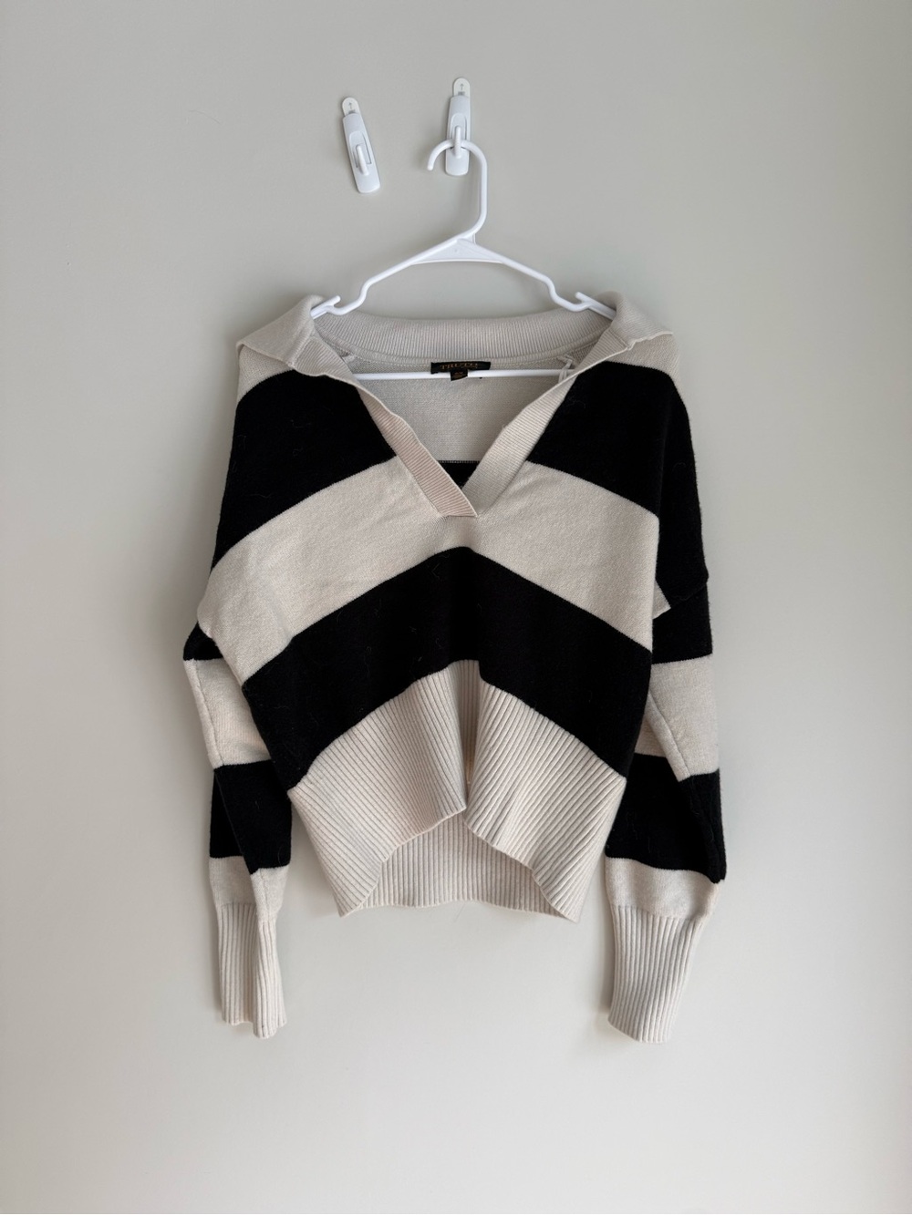 Truth Striped V-Neck Hoodie Sweater in Black and Cream